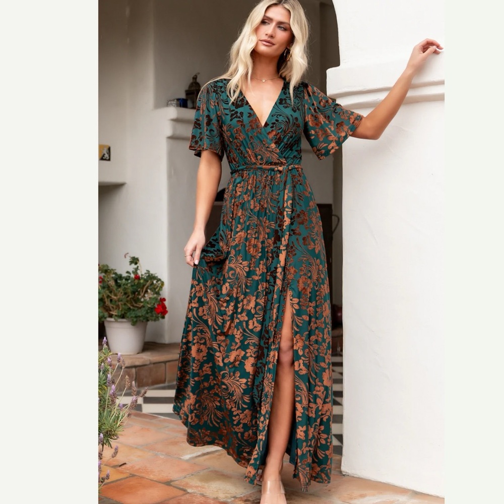 Baltic born uma velvet maxi dress bronze and jade